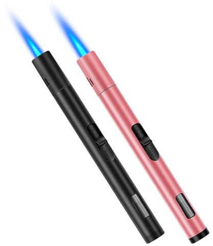 Butane Torch Lighters 2 Pack Jet Windproof Lighter Long Reach Gas Pen Torch Flame Lighter with Gas Window for BBQ Camping, Candles, Fireplace, Grill (Black&Rose Gold) (Without Butane)