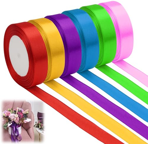 Cinta Raso 6 Colores - 20mm x 22m de Tela Decorativa para Tartas, Manualidades, Envolver Regalos, Lazos, Globos, Bodas