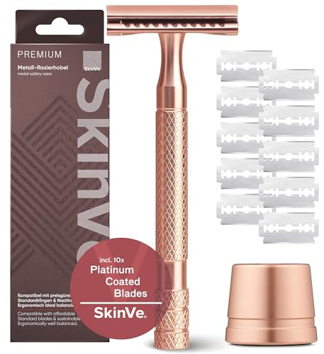 Rasoio SkinVe® Premium con supporto in oro rosa per donna, con 10 lame, rasoio a umido Zero Waste, rasoio di sicurezza sostenibile con testa a 2 lati, senza plastica