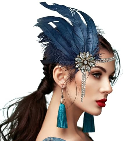HIQIU 1920er Jahre Haarschmuck Damen - Flapper Kopfband mit Federn und Kristallen Gatsby Kopfschmuck Stirnband Feder Headpiece (blau, Einheitsgröße)
