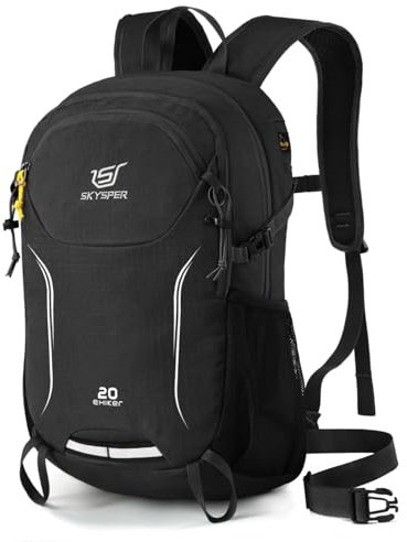 SKYSPER Wanderrucksack 20L Kleiner Rucksack mit Rückenbelüftung Trekkingrucksack mit Brustgurt Fahrradrucksack mit Hüftgurt Leichter Tagesrucksack Nachhaltig Daypack für Damen Herren,Schwarz
