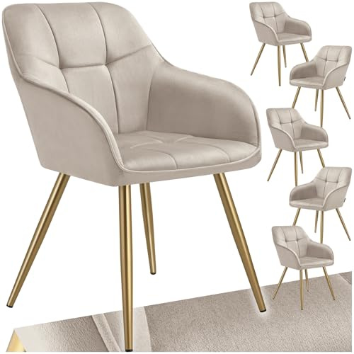tectake® Set med 6 karmstolar med quiltat sammetslook, elegant stol med bekvämt ryggstöd och armstöd, stabila stålben med halkfria plastkåpor och tidlös design, passar perfekt i matsal - Taupe/Guld