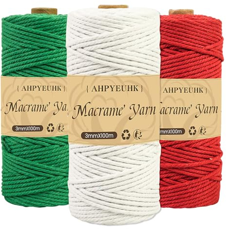 3 styck Christmas makramégarn 3 mm x 100 m bomullsgarn bomullssnöre DIY-hantverk bomullssnöre natur för hängväxter växthängare, boho-dekoration, drömfångare (mörkröd vit mörkgrön)