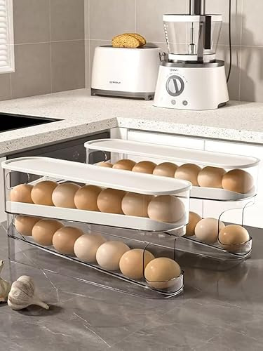 HYGRAD Auto Dispensing Egg Holder Rack 2 Tier Fridge Organiser Roll Dispenser Kitchen Organiser Storage Kitchen Counter Fridge Cupboard