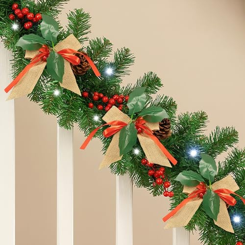 Garden Mile 9ft Luxury Prelit Christmas Garland with LED Lights DIY Warm & Bright White Garland with Hesian Bows Berries & Pinecones - Christmas Garland for Stairs Doors & Fireplace Light Up Decor