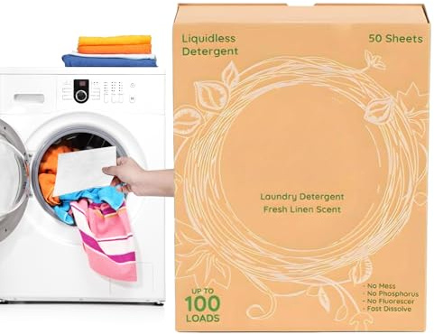 Lot de 50 feuilles de savon à lessive soluble dans l'eau, bandes de nettoyage portables et respectueuses de l'environnement, parfum de lin frais | Solution de lavage compacte pour voyage, camping