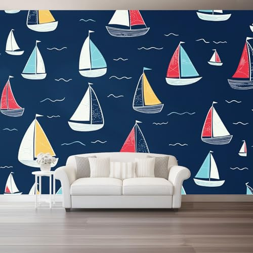 Papel tapiz fotográfico 200 x 140 cm Revestimiento de paredes decoración de salón Diseño Encantador Velero para dormitorio, sala de estar, papel tapiz no tejido, decoración de pared, Azul Marino
