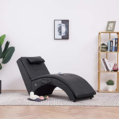 Augerqir Massage Chaiselong med kudde svart konstläder, 145 x 54 x 72 cm, 5 massagelägen och värmefunktion, fjärrkontroll, ergonomisk fåtölj för vardagsrum kontor