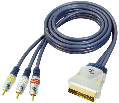 All4U BBVM11-1,5L Blue Series - Cable adaptador 3 RCA macho a SCART (1,5 m, 3 x 21 pines, conectores cromados), color azul