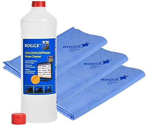 ROGGE Duo-Clean Maxi Bildschirmreiniger 1 Liter für Duo-Clean Original + 3X Prof. Microfasertücher, ca. 38x40cm, Blau
