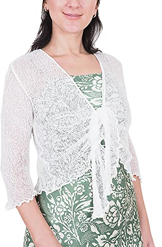Mimosa Ladies Crochet Shrug Bolero Glitter or Plain Super Stretchy Lace Fish Net Tie at Waist Bolero Open Cardigan Fits UK 6-28 White