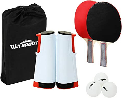 Win SPORTS Table Tennis Paddle Set with Retractable Net,Play Anywhere Ping Pong Net for Any Table,2 Table Tennis Paddle Rackets,3 Ping Pong Balls,Storage Case