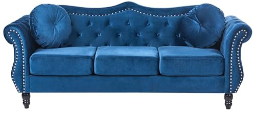 Beliani Divano in Velluto Blu a 3 Posti in Stile Chesterfield con Cuscini Retrò
