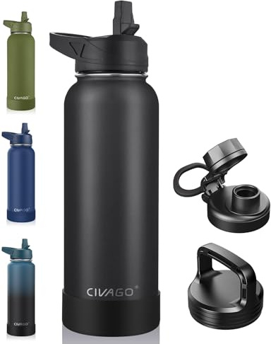 CIVAGO 40 oz Insulated Water Bottle With Straw, Stainless Steel Sports Water Cup Flask with 3 Lids (Straw, Spout and Handle Lid), Double Walled Travel Thermal Canteen Mug, Midnight Black