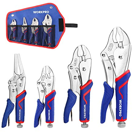 WORKPRO 4-Piece Locking Pliers Set with Comfortable Grip, 5-1/2, 7 and 9 Curved Jaw Locking Pliers, 6-1/2 Long Nose Locking with Storage Bag, Blue&red
