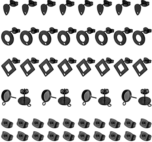 UNICRAFTALE 32 St 4 Stile Elektrophorese Schwarz Ohrstecker 304 Edelstahl Flache Runde Lünette Tablett Ohrringe Strukturierte Tropfen Ohrringpfosten Rhombus Ohrstecker Zubehör Mit 8 Stück Ohrmuttern