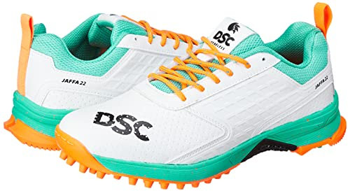 DSC Jaffa 22 Cricket Shoes | Color: Sea Green/Fluro Orange | Size: 9UK/10US/43EU | for Mens & Boys | Material: Mesh | Breathable Mesh | Non-Slip Sole for Improved Durability for Stability