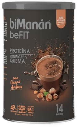 biManán - Batido de Proteína Sabor Cacao y Avellanas - 49% Proteína, 14.7g por Porción, con Guaraná, Fibra, Ácido Fólico, Vitaminas y Minerales - Tonifica y Aumenta Masa Muscular - 420g, 14 Batidos