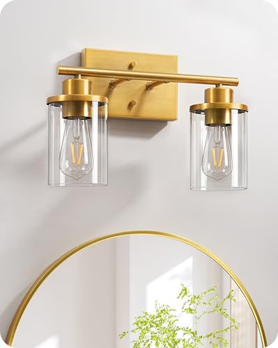 EDISHINE Bathroom Light Fixtures, 2-Light Gold Bathroom Vanity Light, Modern Wall Sconces with Clear Glass Shades for Powder Room, Vanity Table, Mirror, Kitchen (E26 Base)