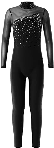 Hedmy Kinder Mädchen Turnanzug Eiskunstlauf Gymnastikanzug Langarm Pailletten Jumpsuit Overall Einteiler Trikot Gymnastik Leotard Schwarz 146-152