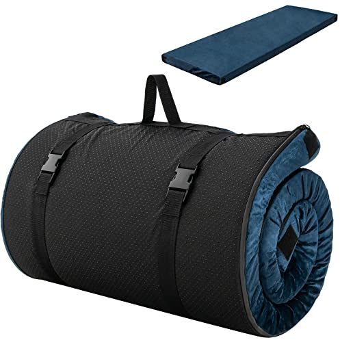TANGZON Roll Up Camping Mattress, Portable Memory Foam Travel Mattress with Waterproof Cover & Storage Bag, Foldable Car Mattress Guest Sleeping Pad for Tent Traveling Hiking (Blue)