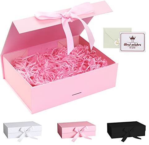 Gift Box, Luxury Magnetic Gift Box with Lid Ribbon Greeting Card Shredded Paper, Gift Packaging Box for Present Birthday Wedding Anniversary Festival (23×17×7cm, Pink)