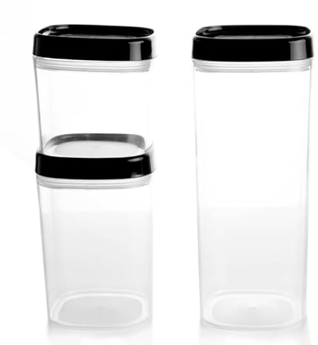 KADAX Récipients à provisions, boîte de rangement transparente en plastique, boîte à provisions hermétique avec couvercle, boîtes verseuses pour farine (set de 3 : 600ml+1000ml+1800ml, noir)