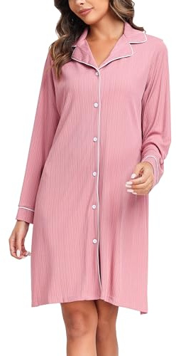 Vlazom Camisón de Manga Larga con Botones para Mujer Ropa de Dormir con Bolsillos(XL,Rosa)