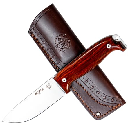 J&V Cuchillo de Hoja Fija para Bushcraft, Campo, Caza, Pesca, Supervivencia y Outdoor, Hoja 11 cm, Funda de piel, Hecho en España