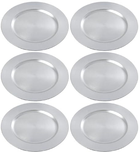 Acan Tradineur - Pack de 6 Bajoplatos Reutilizables Redondos de plástico, Plato Llano Decorativo, Bandeja para presentación de Dulces de Navidad, turrón, Pasteles (Plateado, Ø 33 cm)