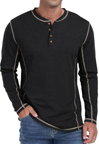 Sailwind Men's Henley T Shirt Cotton Long Sleeve T-Shirt Classic Casual Shirt Tops for Men (Black, XL)