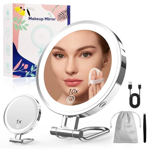 Robofun Schminkspiegel mit Beleuchtung, 1X/10X Vergrößerungsspiegel mit Licht, 3 Farblichter, 20%-100% Helligkeit, Beleuchteter kosmetikspiegel mit Beleuchtung, 3000mAh Reisespiegel- Metallgehäuse