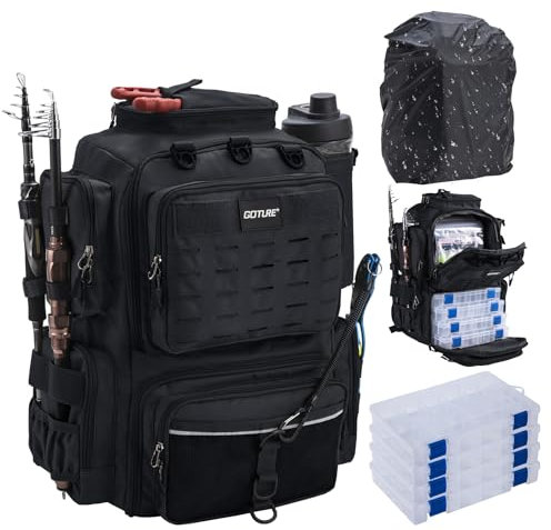 Goture Angelrucksack, Angelzubehör-Rucksack mit Zwei Rutenhaltern und Regenschutz, Wasserabweisende Angelgerätetasche mit verstellbarem Fach und 8 Ködertaschen, 45-Liter-Angelgeräte-Rucksack