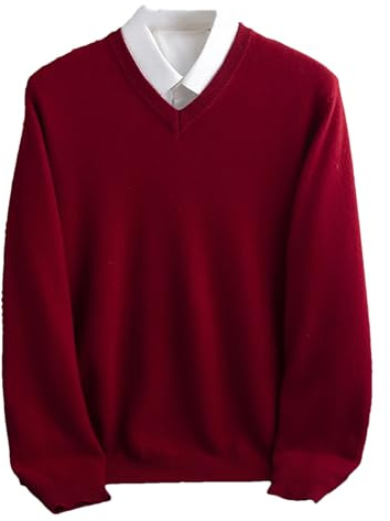 Adhdyuud Suéter de invierno de lana merino para hombre, cuello en V, manga larga, suéter de punto grueso de cachemira, granate, XL