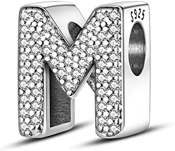 KUNVONIC Letra Charms Abalorios M Alfabeto Colgante para mujer, plata de ley 925, compatible con pulseras y collares Pandora, compatible con pulseras europeas para mujeres y niñas