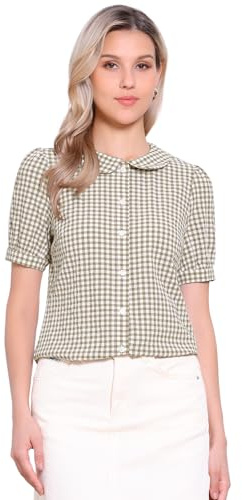 Allegra K Chemisier à Carreaux pour Femme à Manches Courtes et col Claudine Marron Clair et Blanc XL