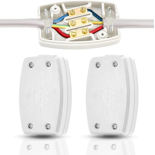3 Way Terminal Electrical Junction Box – 2 Pack Waterproof Cable Connector Box with Terminal Blocks for Flat Wire, Power Cable & Indoor Wiring – Small Electric Wire Connection Boxes (2)