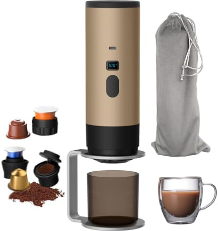 Macchina da Caffè Portatile da Viaggio, Caffettiere Espresso Elettrica 12V, Caffettiera Capsule Auto-riscaldamento, Compatibile con capsule NS e Caffè Macinato per Ufficio Auto Casa