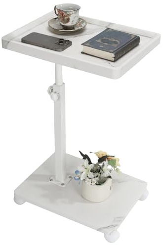 Simcat Adjustable Height C Shaped Side Table with Wheels, Rotated 360° Tray Side Table Living Room for Sofas Beds Balcony Camping