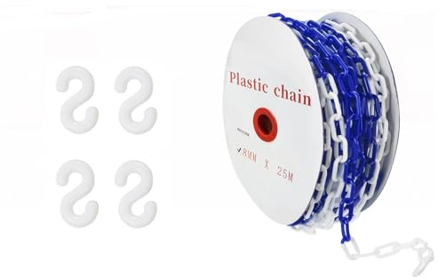 25 m avstängningskedja, blå, vit, plast, 8 mm, avstängningskedja, varningskedja, avstängning, plastkedja med 4 S-krokar, säkerhetsvarningskedja av plast för byggarbetsplats, parkering och ordervård