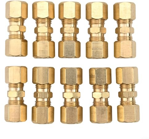Jotekonoby Lot de 10 raccords de compression en laiton pour tuyaux hydrauliques et de carburant de 0,6 cm, 5/16, 3/8 OD (1/4)