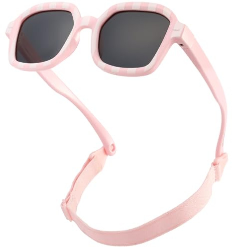 CIKJUK Polarised Baby Sunglasses with Strap - Adjustable Silicone Square Frame UV Protection Sun Glasses for Newborn Infant Toddler 0-24 Months - Pink