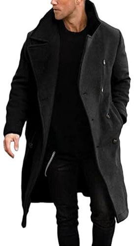 Herr vintage tjock dubbelbröstad trenchcoat klassisk termisk ullblandning lång ytterrock kallt väder ärtrock för män, Svart, L