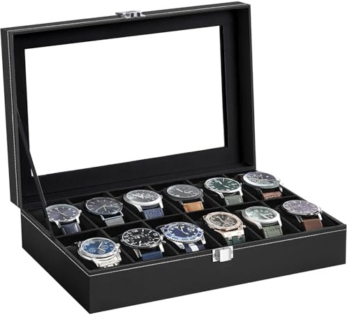 BBLTIFF Caja Relojes, Estuche Relojes con 12 Compartimentos, Caja Relojes Organizador Almacenamiento Para Relojes de Piel Sintética Almohadilla de Reloj Extraíble (Negro)