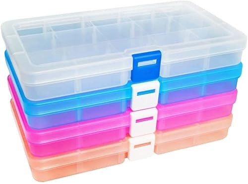Qualsen Scatola in Plastica Stoccaggio Scatole Divisori Mobili Organizzatore Contenitore per Dell'orecchino Strumento Accessori (15 Scomparti x 4, 4 Colori)
