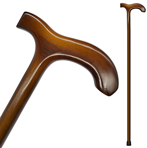 FLYDRUM Wooden Walking Cane for Men and Women, One-Piece Wood Cane, 36 Inch Wood Walking Stick for Men and Women, Ergonomic Wood Cane for Seniors Walnut
