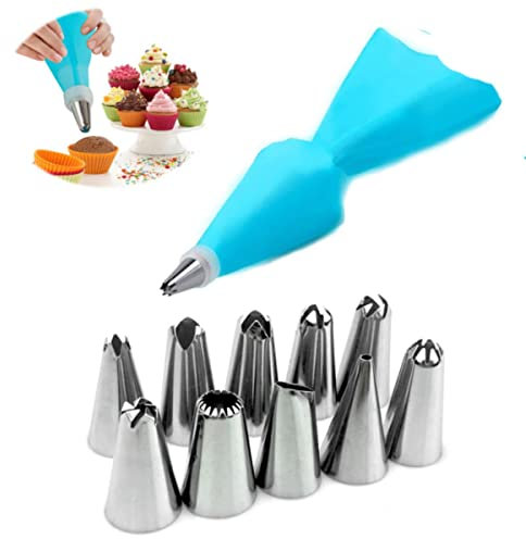 Sacchetti per pasticceria in silicone Ugelli per tubazioni Strumenti per decorare torte alla crema Sacchetti per pasticceria + 24 Set di ugelli Punte riutilizzabili Cucina-E10-12 pezzi-blu