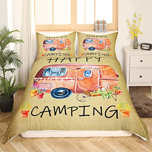 Homewish Aquarell Happy Camping Bettwäsche Set 135 x 200 für Kinder, Jungen, Mädchen, Erwachsene - Niedlicher Rustikaler Bauernhaus Bettbezug, Retro Reise Camper Wohnmobil Dekor