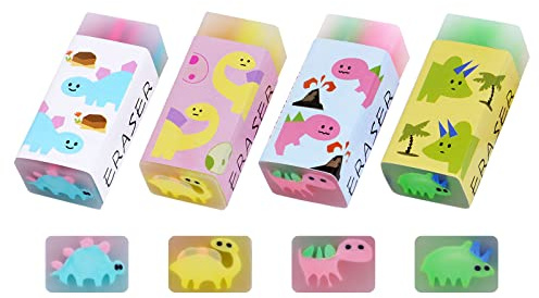 Vicloon Fruta Borrador, 4Pcs Goma para Borrar Suave Tema de Dinosaurio, Lindo Mini Patrón Niños Gomas Borrar, Borrar Marcas de Lápiz, Aplicable a Niño Útiles Escolares y Regalos Navideños