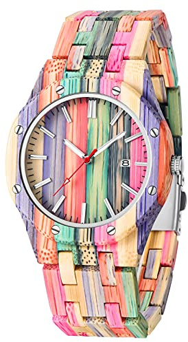 Dentily Colorful Bamboo Wood Watch Polygon Wooden Watches for Men Handmade Wooden Quartz Mens Watches